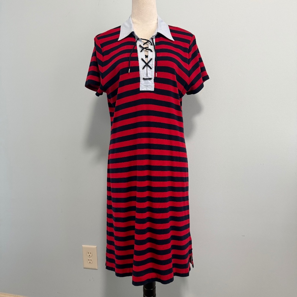 Chaps | Nautical-Inspired Lace-up Polo Dress Navy & Red Stripe